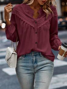 SHEIN LUNE Plus Size Casual & Work Solid Color Lace Trim Blouse - Burgundy - View 5
