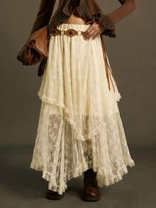 SoleilVie Váy dài ren trơn màu cổ điển Pháp với nhiều lớp bèo nhún bất đối xứng, kiệt tác lãng mạn và thanh lịch cho buổi đi chơi - Màu be - Xem 3