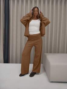 MUSERA Calça de Perna Larga com Cintura Dobrada, Elegante, Fofa, Sexy, Streetwear, Outono, Noite, Festa, Elegante, Natal - Chocolate - Visão 2