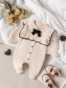 SHEIN Baby Girl Contrast Color Ruffle Bow Decor Knitted Romper Fall Winter - Beige - View 3