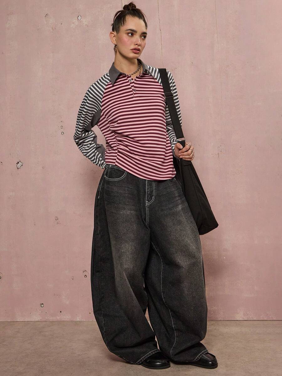 COUREZ Asymmetric Splice Stripe Rugby Polo /Y2K Fall Winter Clothes For Women Going Out Tops Pink Top Winter Tops Multicolor Striped Shirt