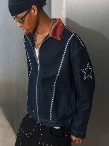Manfinity EMRG Men's Drop Shoulder Color Block Collar Loose Zip-Up Fashionable Denim Oversized Jacket Crop Jacket For Men Vintage Jacket Men Rhinestone Jacket Men - Dark Wash - View 1