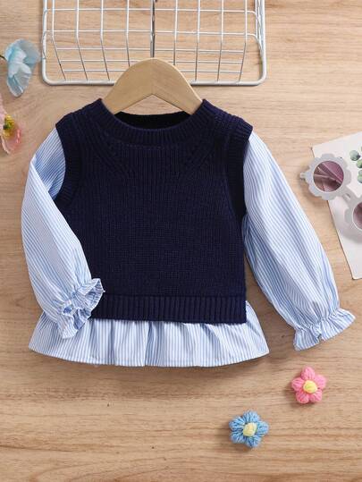 SHEIN Playful Pals Babyflicka kombinerar värme och mode höst vinter utsvängda ärmar randig 2 i 1 design tröja