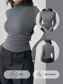 SHEIN EZwear Plus Size Women Gray Casual Basic Turtleneck Long Sleeve T-Shirt/Fall/Winter