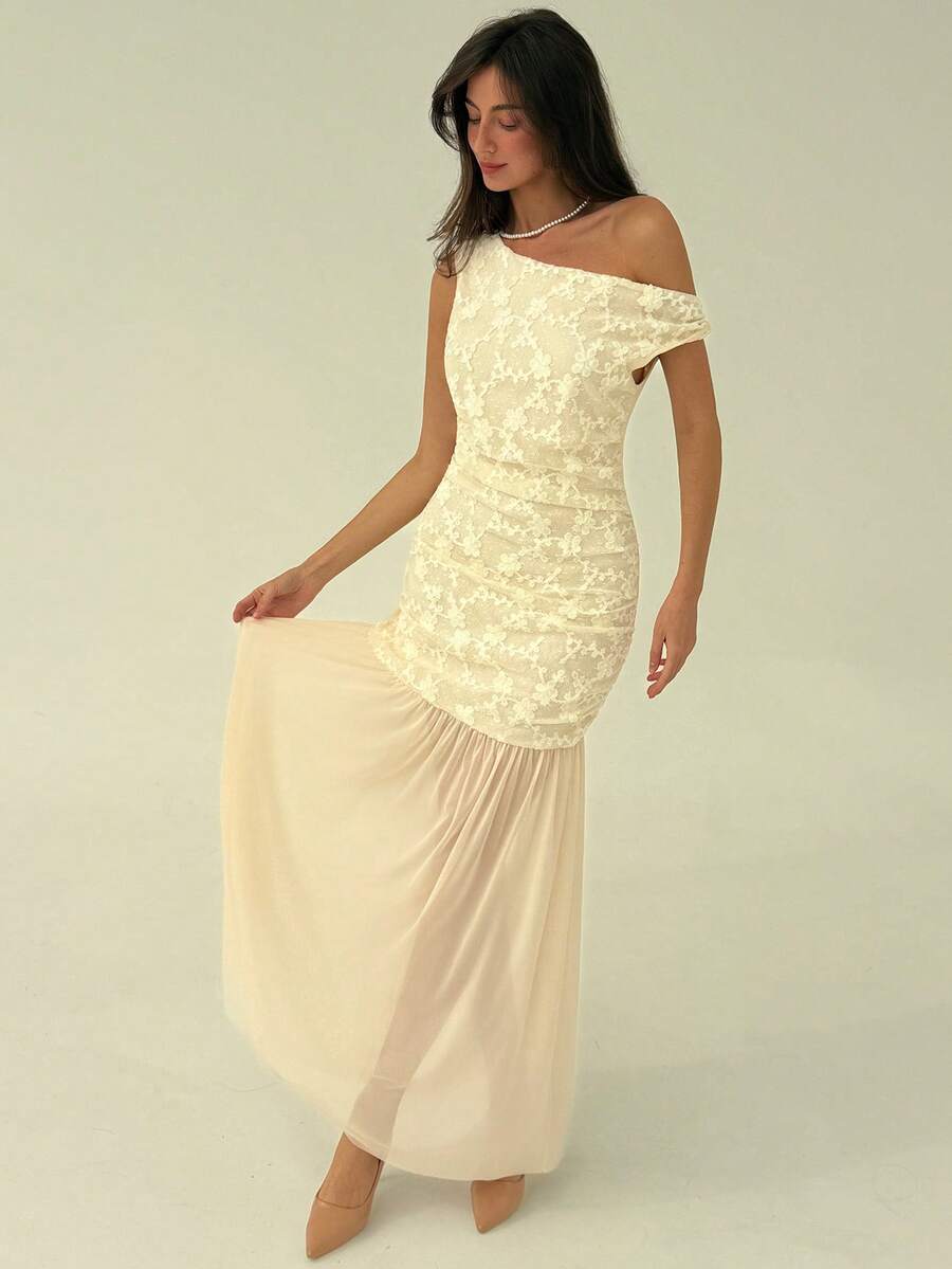Aloruh Women's Elegant Lace Patchwork Asymmetric Collar Dress, Summer Champagne Evening Gown Boho Wedding Guest Dress Elegant One Shoulder Dress Champagne Formal Dress