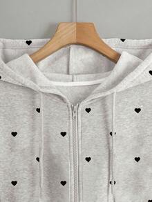 Resyla 秋季、返校季、冬季外套、百搭时尚黑色波点爱心印花套头卫衣、时尚达人必备、吸睛、图案设计、日常穿着、假日、女士长袖连帽卫衣 - 灰色 - 查看 3