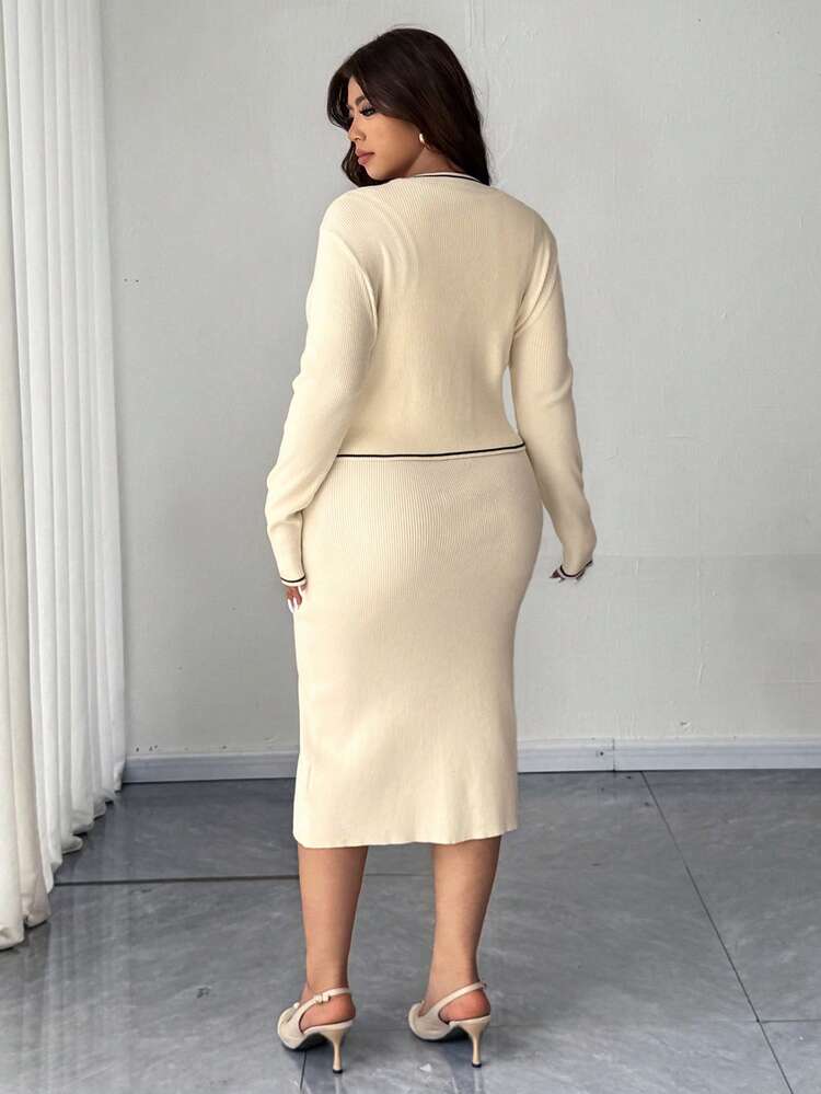 Dazy Plus Plus Size Women Casual Color Block Patchwork Collar Long Sweater Dress/Cardigan Set, Autumn/Winter