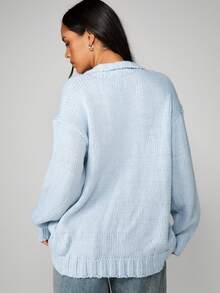 MISSGUIDED 超大号纽扣粗针织开衫，落肩舒适秋冬毛衣 - 淺藍色 - 查看 2
