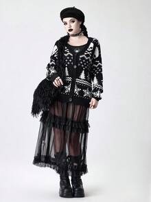 ROMWE Goth 哥特式深色圣诞树骷髅宽松针织开衫 - 黑與白 - 查看 8