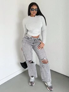 Alexandranx High-Waisted Ripped Loose Y2K Autumn And Winter Warm Jeans Thermal Denim - Light Grey - View 1