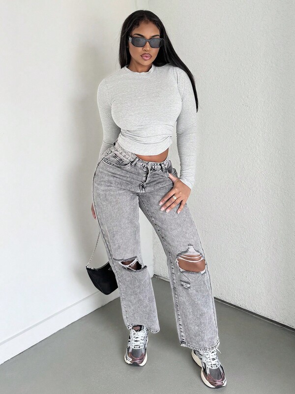 Alexandranx Jeans de pierna recta con abertura desgarro crudo