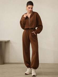 Modelyn 2件套女式休闲连帽拉链收腰长袖运动衫和慢跑裤套装 - 棕色 - 查看 5