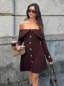 Siren Gaze Women's Solid Color Off Shoulder Long Sleeve Metal Single-Breasted Fashion Mini Dress Burgundy Winter Chic Brown Casual - Brown - View 5