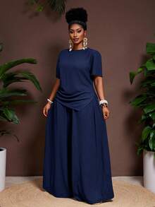 Veslaya 2025 春夏新款休闲度假优雅海岛度假派对纯色皱褶面料修身下摆短袖上衣和松紧腰阔腿裤大码女装两件套 - 藏蓝色 - 查看 9