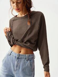 Bohemela 秋季大码休闲纯色圆领插肩袖T恤 - 咖啡棕 - 查看 6