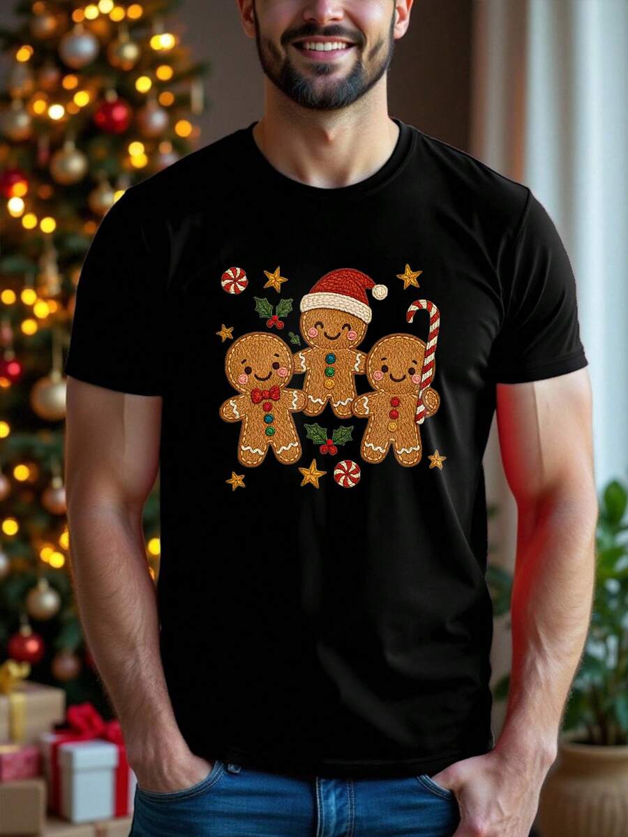 Manfinity Homme Men's Casual Christmas Gingerbread Man Embroidered Graphic Slim Fit Short Sleeve T-Shirt Funny Christmas Shirt
