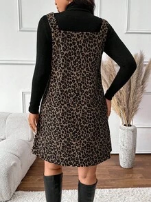 SHEIN Frenchy Women Plus Size Solid Stand Collar Long Sleeve T-Shirt And Leopard Print Suspender Dress Casual 2 Pieces Set, Autumn Leopard Print Dress Cheetah Print Dress Two Piece Outfits For Women Animal Print Dress Plus Size Leopard Print Dress,Fall Clothes For Women