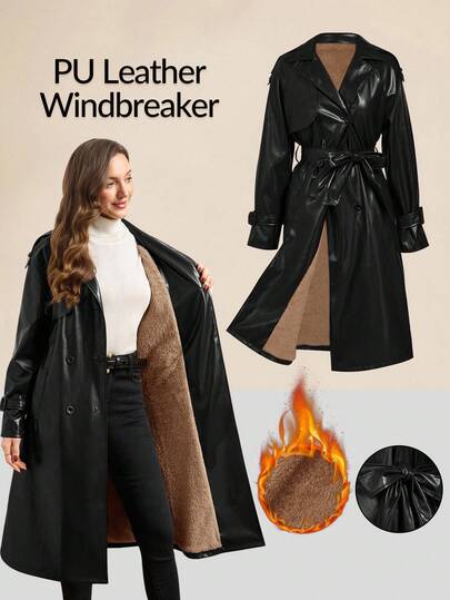 Ellevyn Lång trenchcoat i PU-läder, dam, höst/vinter, fodrad med termofiber