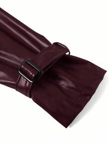 Ellevyn 安哥拉红色 PU 皮革纯色保暖内衬系带长袖长款风衣 - 酒紅色 - 查看 9