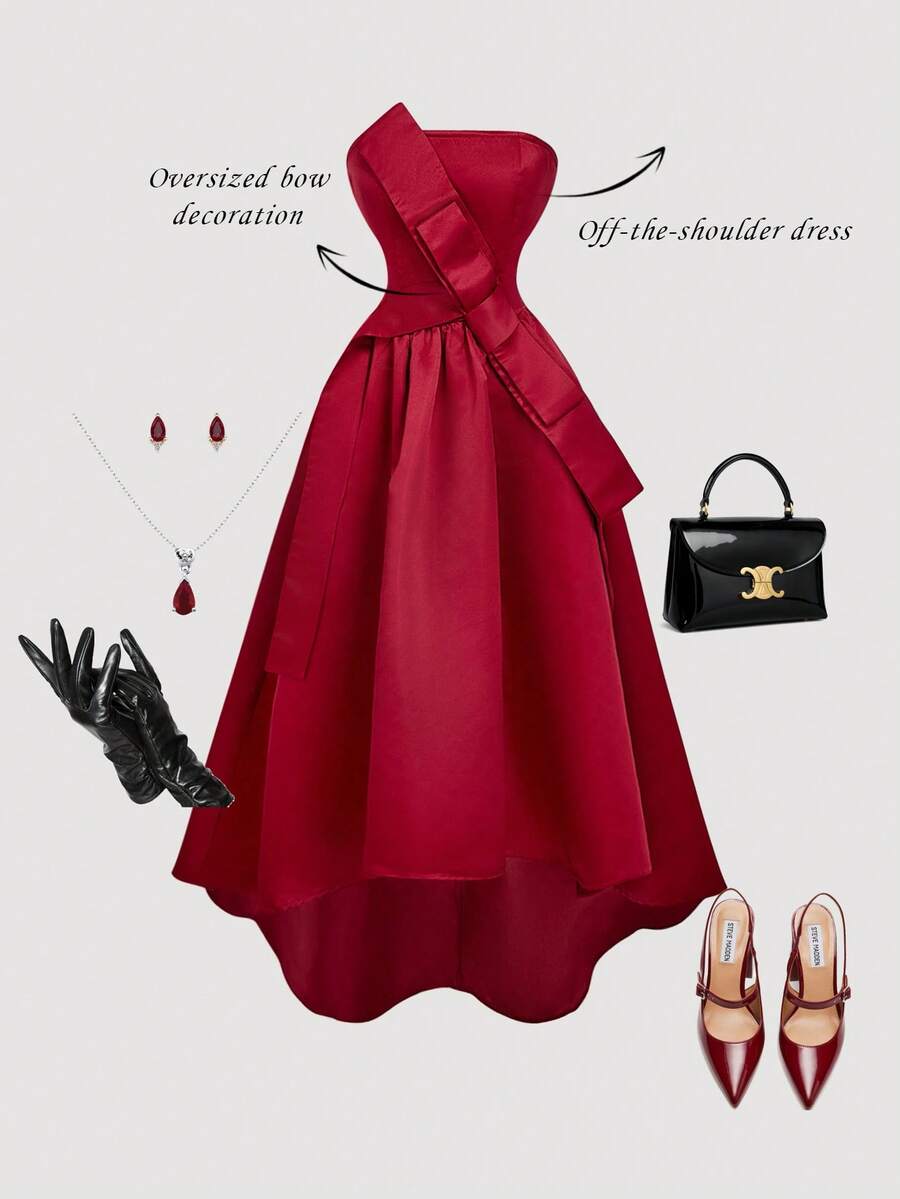 SHEIN MOD Women's Off-Shoulder Red  Maxi Dress,Fall/Winter,Halloween,Nightmare Before  ,Halloween Costume Women ,Party,Elegant, Red Satin Dress, Off Shoulder Dress, Red Formal Dress, Red Tea Length Dress, Red Party Dress,Wedding Guest Dress For Women,Pirate Dress,,Halloween Costumes, Costume - Red - View 1