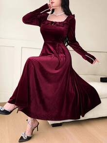 Feyla Women's Elegant Ruffled Collar Faux Pearl Decor Waist Cinched Velvet Dress, Autumn