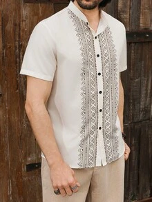 Manfinity RSRT Men's Geometric Pattern Short Sleeve Single-Breasted Shirt - Multicolor - View 4