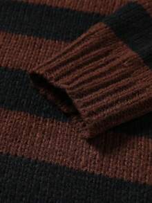 Manfinity Homme 男士条纹做旧圆领长袖毛衣，秋冬款 - 咖啡棕 - 查看 4