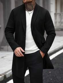 Manfinity CasualCool Men's BPlus-Size Utton Front Long-Sleeved Pocket Simple Casual Overcoat, For Going Out, Gifts For Friends, Husbands And Boyfriends, Fall Winter