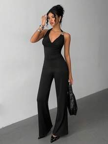 Jeanoix 女式纯色垂领时尚连体衣，带金属环装饰 - 黑色 - 查看 3