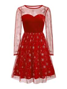 Ellevyn 女士圆领长袖网眼粉面料优雅日常穿着、节日、圣诞派对连衣裙，秋冬 - 紅色 - 查看 12