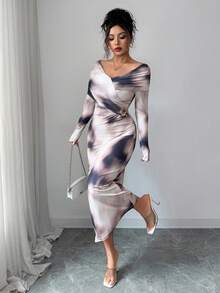 Modelyn Vestido de Manga Longa com Design Ombré Metalizado e Franzido para Mulheres - Castanho - Visão 6