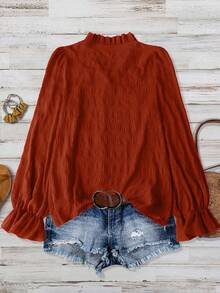 SHEIN LUNE 大码女式纯色纹理 V 领荷叶边下摆长袖宽松休闲上衣，面料柔软舒适，适合日常穿着 - 亮橙色 - 查看 2
