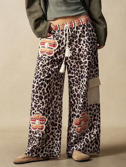 Bohemela 大码女式豹纹流苏抽绳腰带工装口袋宽松裤