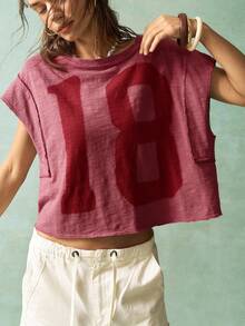 Bohemela Áo thun nữ cổ tròn dệt kim màu trơn rộng rãi phong cách Boho cỡ lớn đã giặt - Đỏ - Xem 7