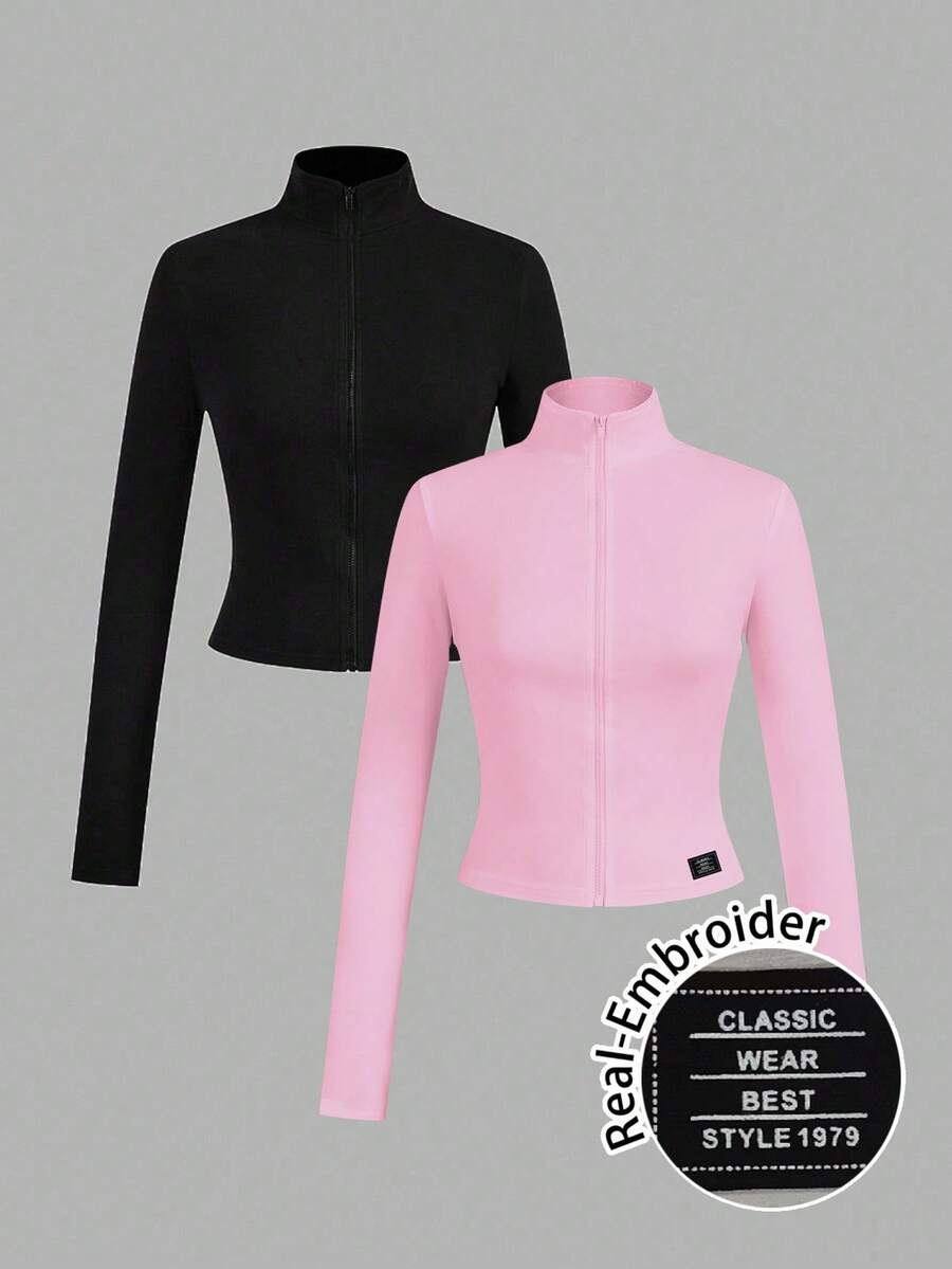 SHEIN EZwear 2 件卡通印花拉链长袖针织 T 恤，粉色和黑色，女款，秋冬 - 彩色 - 查看 1