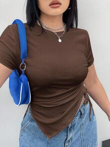 Coolane Women's Basic Plus Size Casual Asymmetric Pleated Short Brown Tee - Brown - View 7