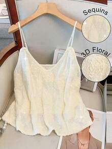 GlowEve CURVE 大码女士优雅串珠3D花朵吊带背心，玫瑰花卉装饰闪亮夜店派对修身款上衣 - 杏色 - 查看 1
