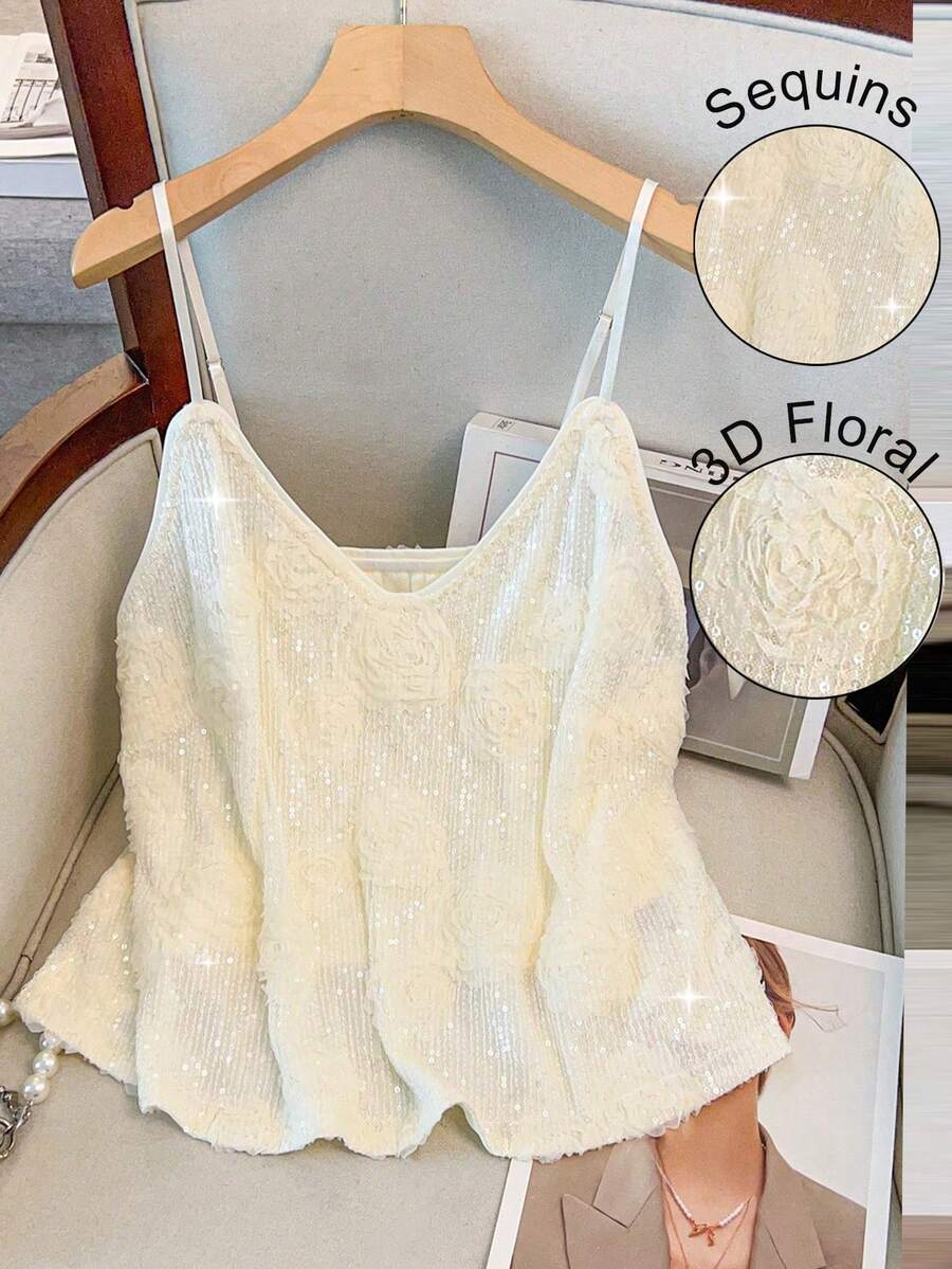 GlowEve CURVE 大码女士优雅串珠3D花朵吊带背心，玫瑰花卉装饰闪亮夜店派对修身款上衣 - 杏色 - 查看 1