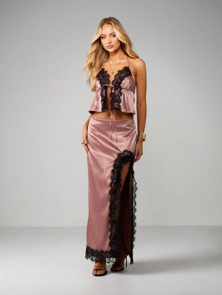 MISSGUIDED Conjunto de Duas Peças com Top Tipo Camiseta Alça Halter com Renda de Cetim e Saia Longa para Festa à Noite