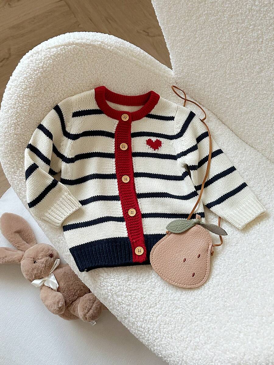 Souflis Souflis Baby Boy Round Neck Long Sleeve Striped Heart Pattern Cardigan, Fashionable Minimalist Versatile Top