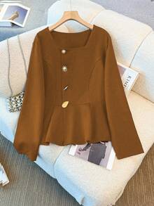 GlowEve CURVE Plus Size Solid Color Woven Regular Fit Asymmetric Button-Up Shirt - Brown - View 1