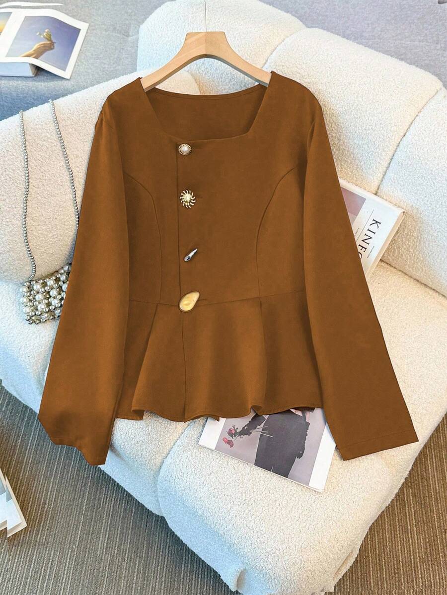 GlowEve CURVE Plus Size Solid Color Woven Regular Fit Asymmetric Button-Up Shirt - Brown - View 1