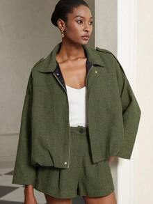 Aveloria Modichic Bộ 2 áo khoác bomber tay cánh dơi họa tiết xương cá dành cho nữ và quần short - xanh quân đội - Xem 5