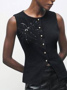 Maija 女士串珠设计圆领单排扣无袖针织上衣黑色水钻装饰上衣女士上衣黑色背心女士，女士冬季毛衣，冬季，秋季女士，万圣节服装，万圣节角色扮演，蜘蛛管状串珠刺绣，派对，派对上衣，亮片毛衣，黑色 - 黑色 - 查看 10
