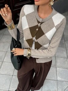 SHEIN PETITE Women's Rhombus Pattern Front Button Casual Long Sleeve Cardigan - Multicolor - View 1