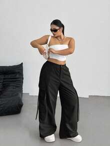 SHEIN Tall CURVE Plus Size Solid Color Casual Pants - Black - View 5