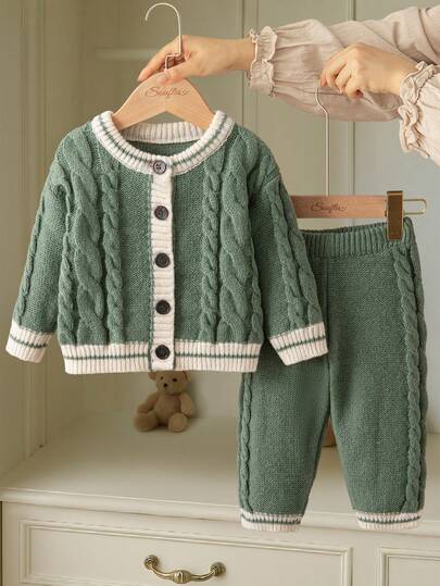 Souflis Souflis 男婴绿色粗针织开衫毛衣裤套装，柔软舒适，适合日常穿着、外出、旅行、度假、居家、日托和玩耍，春秋冬