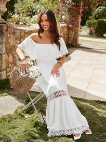 KARISMINA 海滩女士服装夏季度假露肩蕾丝拼布荷叶边收腰女士白色连衣裙