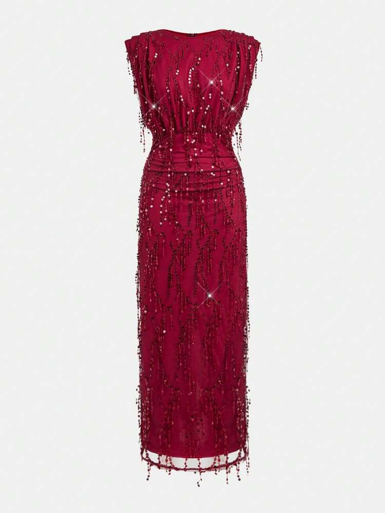 SHEIN Maija Paillettenbesetztes, figurbetontes Fransenkleid mit Raffungen für Damen, geeignet für Partys und Weihnachtsfeiern