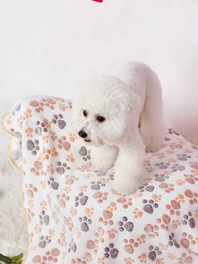PETSIN 1pc Cute White Paw Print Pattern Warm Pet Blanket For Cats & Dogs
